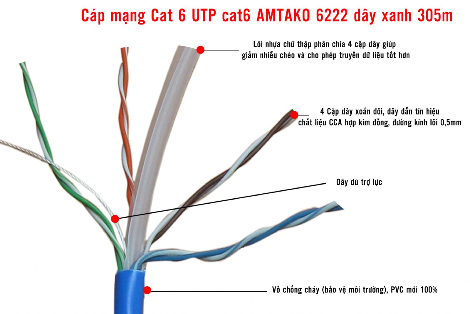 Cáp mạng UTP Cat 6e AMTAKO dây xanh 305m/1 thùng
